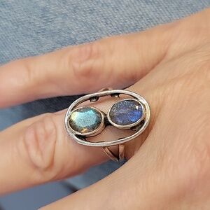 BLUE FIRE LABRADORITE TWO-STONE STERLING SILVER RING